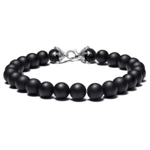 Men’s black onyx anchor bracelet with matte beads and custom sterling silver clasp