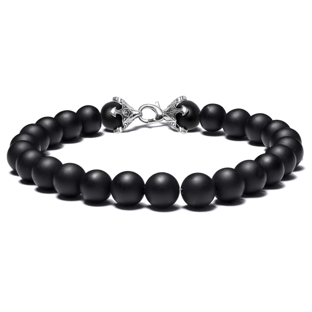 Men’s black onyx anchor bracelet with matte beads and custom sterling silver clasp