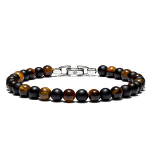 Men’s black onyx and tiger eye bracelet with 6mm natural stone beads, handcrafted for grounding and masculine confidence