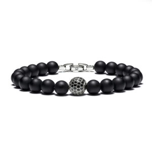 Men’s black onyx diamond bracelet with 8mm natural beads and silver clasp