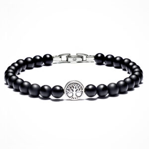 Matte black onyx bead bracelet for men 6mm with tree of life silver bead