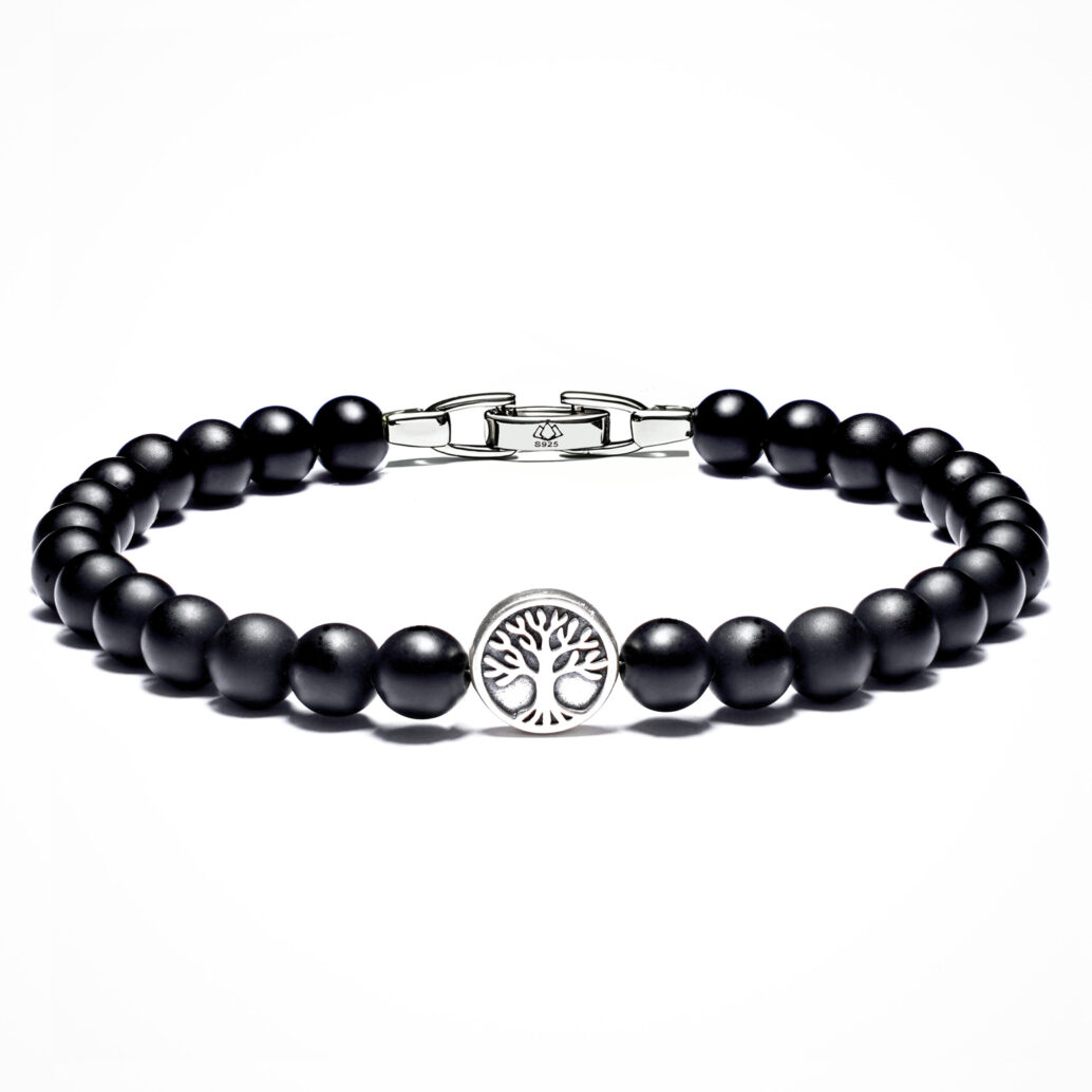 Matte black onyx bead bracelet for men 6mm with tree of life silver bead