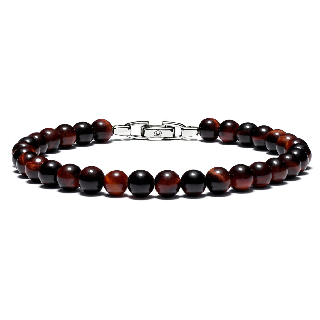Men’s red tiger eye bracelet with 6mm natural beads, handcrafted for grounding and confidence