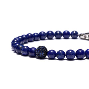 Side view of men’s lapis lazuli diamond bracelet highlighting 6mm bead craftsmanship