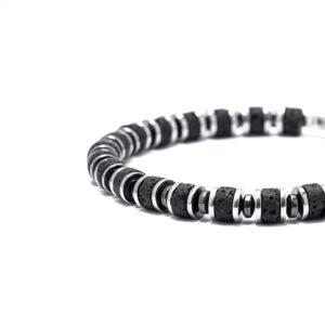 Men’s lava stone bracelet featuring block fortress design and 6mm volcanic stone beads