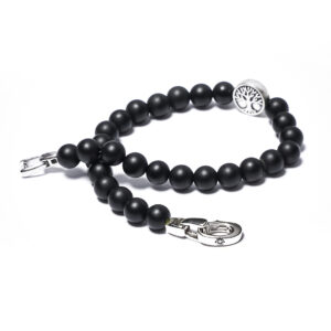 Matte black onyx bead bracelet for men 6mm with tree of life silver bead shown in a double wrap design