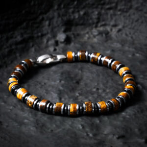 Close up of natural tiger eye and hematite beads bracelet