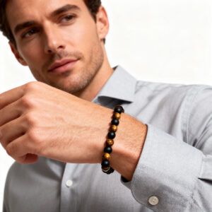 Luxury lifestyle shot of a men’s black onyx and tiger eye bracelet representing calm strength and refined style