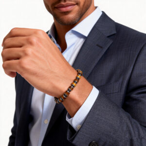 Men wearing 6mm tiger eye bead bracelet with silver clasp