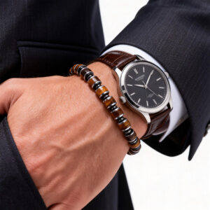 Men wearing 6mm tiger eye bead bracelet with watch