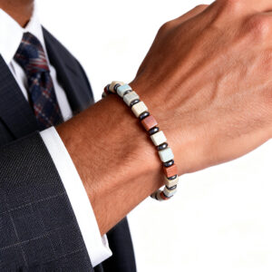 Men wearing Block Fortress Bracelet with 4mm jasper and hematite beads on wrist