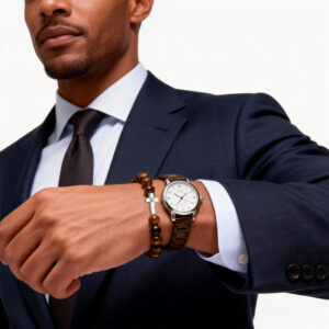 Men wearing Genesis Cross Tiger Eye bracelet with watch