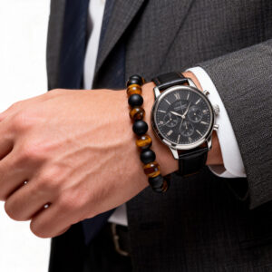 Men-wearing-a-black-onyx-and-tiger-eye-bead-bracelet-with-watch