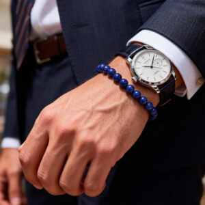 Men-wearing-a-lapis-lazuli-bracelet-with-Watch