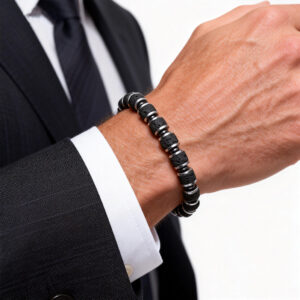 Men wearing a lava stone block fortress bracelet with 6mm beads, symbolizing strength and balance