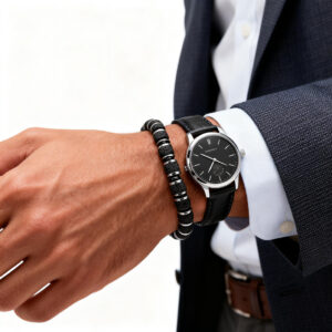 Men wearing a lava stone block fortress bracelet with watch