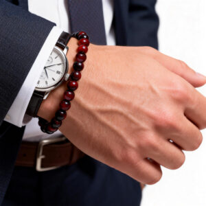 Men wearing a red tiger eye bracelet with watch 6mm beads for everyday masculine style