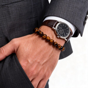 Men-wearing-a-yellow-tiger-eye-bracelet-with-watch for everyday style and grounding energy