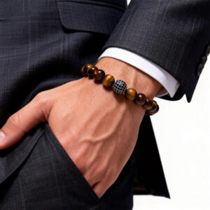 Men wearing a yellow tiger eye diamond bracelet with 8mm faceted beads