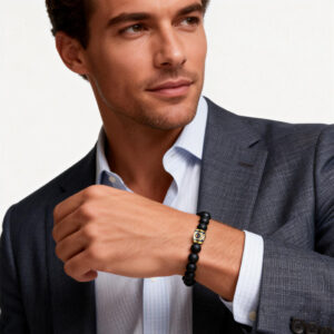 Men-wearing-black-onyx-bracelet-with-three-eyed-core-beads-2