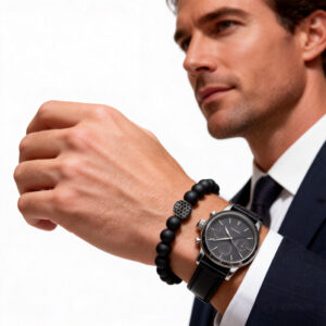 Men-wearing-black-onyx-diamond-bracelet-with-watch