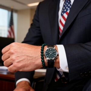 Men wearing green malachite crystal bracelet with watch