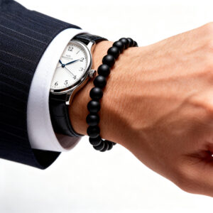 Men wearing matte black onyx bracelet with watch