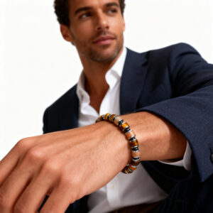 Men wearing pink brown block fortress bracelet 6mm beads