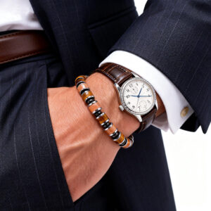 Men wearing pink brown block fortress bracelet 6mm beads with watch