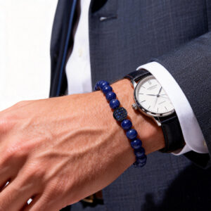 Men wearing a lapis lazuli diamond bracelet with watch 6mm beads on wrist, casual style