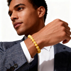 Men’s beige jade bracelet worn on wrist-1
