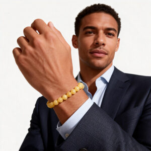 Men’s beige jade bracelet worn on wrist-2