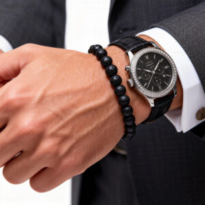 Mens-black-lava-stone-bracelet-with-watch
