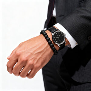Men’s black onyx anchor bracelet styled with Watch