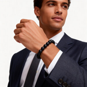 Men’s black onyx anchor bracelet styled with casual outfit for daily wear