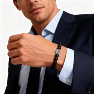 Men’s black onyx evil eye bracelet worn on wrist
