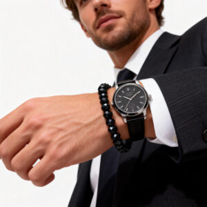 Men’s black spinel bracelet worn on wrist with watch