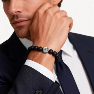 Men’s grounding bracelet featuring black onyx and evil eye