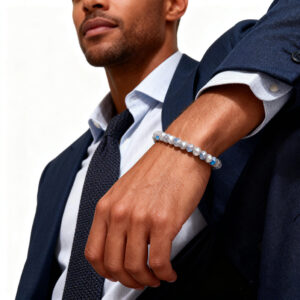 Men’s labradorite bracelet worn on wrist lifestyle shot-2