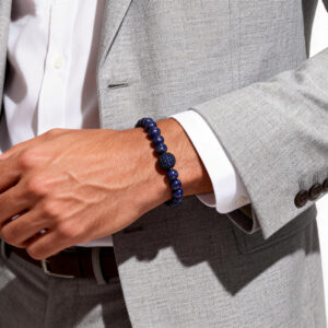Men’s lapis lazuli diamond bracelet worn on wrist showing natural stone texture