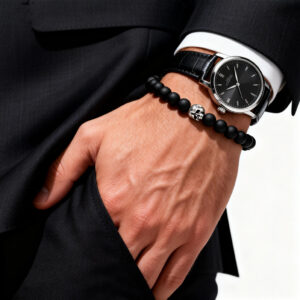 Men’s skull black onyx bracelet with watch