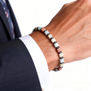 Minimalist men’s beaded bracelet worn casually with modern everyday outfit