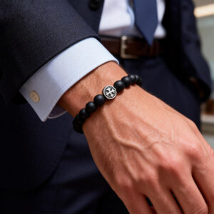 Minimalist men’s black onyx cross bead bracelet-1