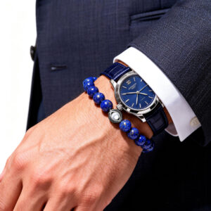 business man wearing evil eye projection bracelet with watch