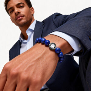 man wearing evil eye projection bracelet for men in daily style