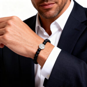 Matte black onyx bead bracelet for men with tree of life silver bead, worn with a business suit