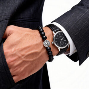 Matte black onyx bead bracelet for men with tree of life silver bead paired with a watch