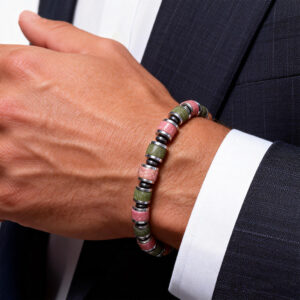 men’s green serpentine jasper bracelet worn on wrist