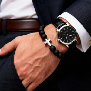minimalist black onyx cross bracelet men