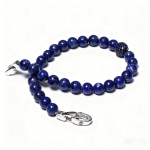 Detail of diamond accent and sterling silver clasp on lapis lazuli men’s bracelet